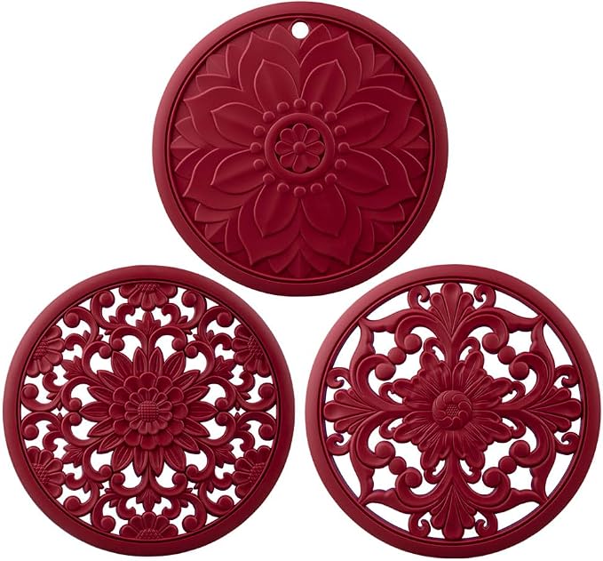 Melort Red Silicone Trivets for Hot Dishes, Pots & Pans, Round Hot Pads for Kitchen, Silicon Trivet for Table Tops, Silicone Pot Holder for Countertops, Heat Resistant Mat Set 3