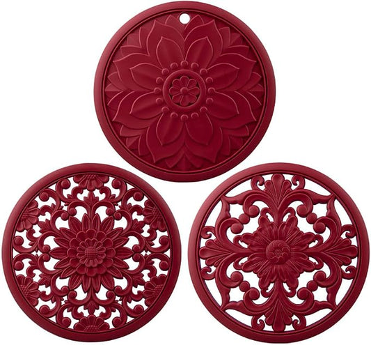 Melort Red Silicone Trivets for Hot Dishes, Pots & Pans, Round Hot Pads for Kitchen, Silicon Trivet for Table Tops, Silicone Pot Holder for Countertops, Heat Resistant Mat Set 3