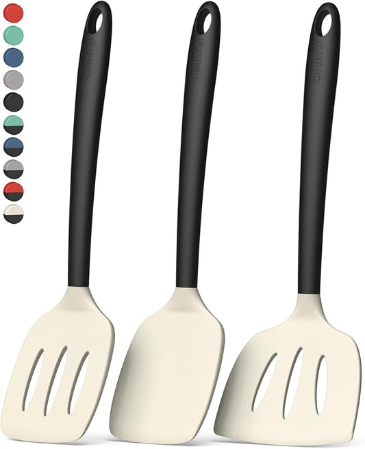Coukre 3 Pack Silicone Spatula Set, High Heat Resistant, BPA-Free, Fish Spatula, Solid & Slotted Turner for Non-Stick Pans, Flipping Eggs, Pancakes, Fish, Burgers (3, BeigeBlack)