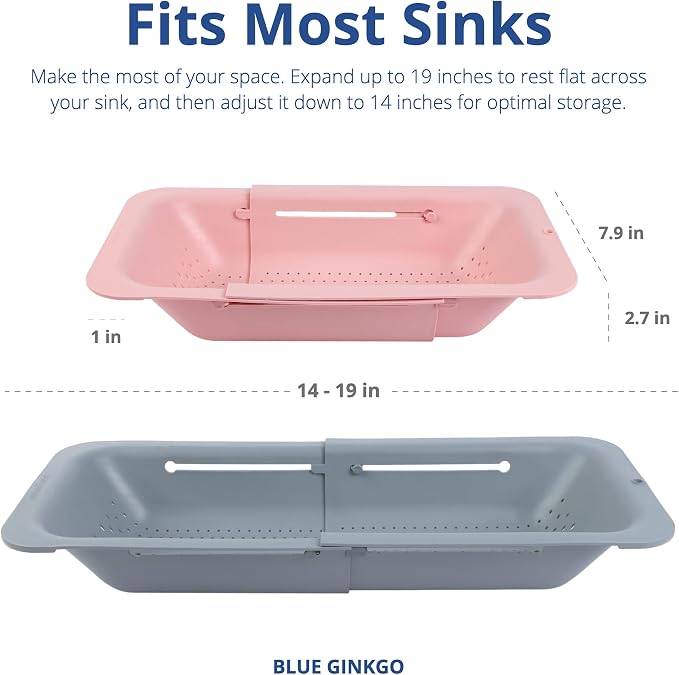 BLUE GINKGO Over the Sink Colander Strainer Basket - Wash Vegetables and Fruits, Drain Cooked Pasta and Dry Dishes - Extendable - New Home Kitchen Essentials (Grey & Pink, 2 Pack)