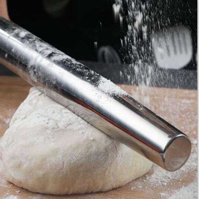 AMUZHI Smooth Seamless Stainless Steel Rolling Pin, 16.7in+Silicone mat | Easy to clean food grade metal, ideal for daily pizza, pie, pasta, dumpling and cookie dough household baking