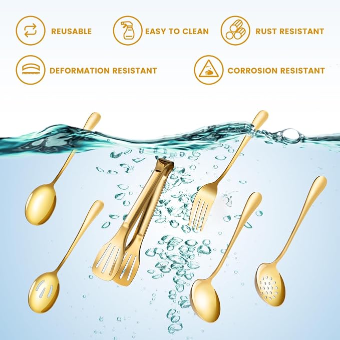 Gold Serving Utensils Set for Partie, Stainless Steel Metal Large Serving Spoons, Slotted Spoons, Forks, Tongs, Soup Spoons, Skimmer Spoon, Cake Server for Buffet, Catering, Entertaining 15pcs