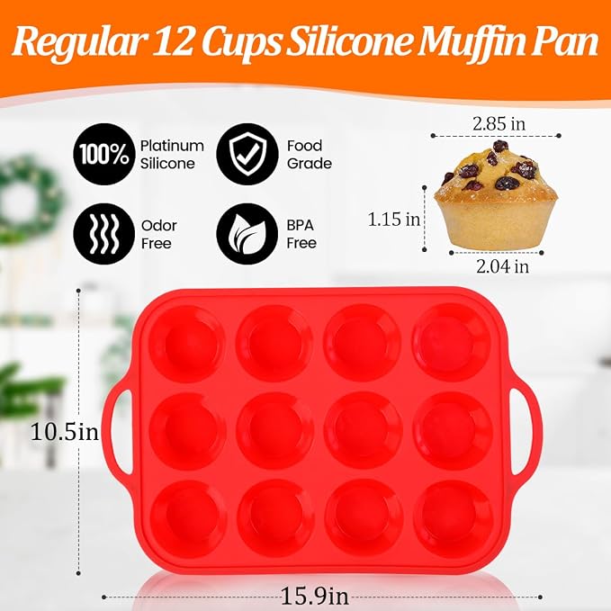 CAKETIME Silicone Muffin Pan, Metal Reinforced Frame Silicone Cupcake Pan Regular Size 12 Cups Nonstick Muffin Tins for Baking Easy to Move 2 Pack Red