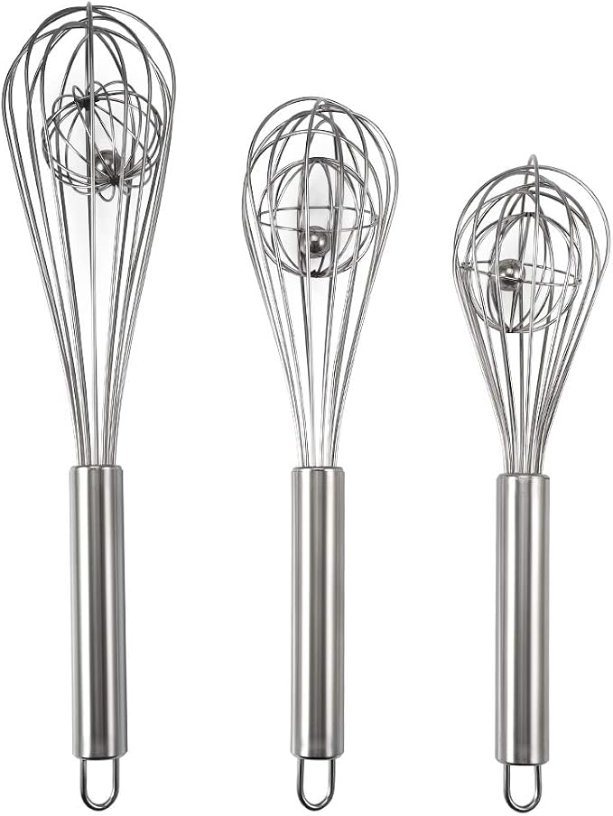 3 Pack 8, 10, 12 inches Balloon Whisk Double Balloon Wire Whisk Blending Whisking Beating Stirring Egg Beater Stainless Steel (with inside Ball)