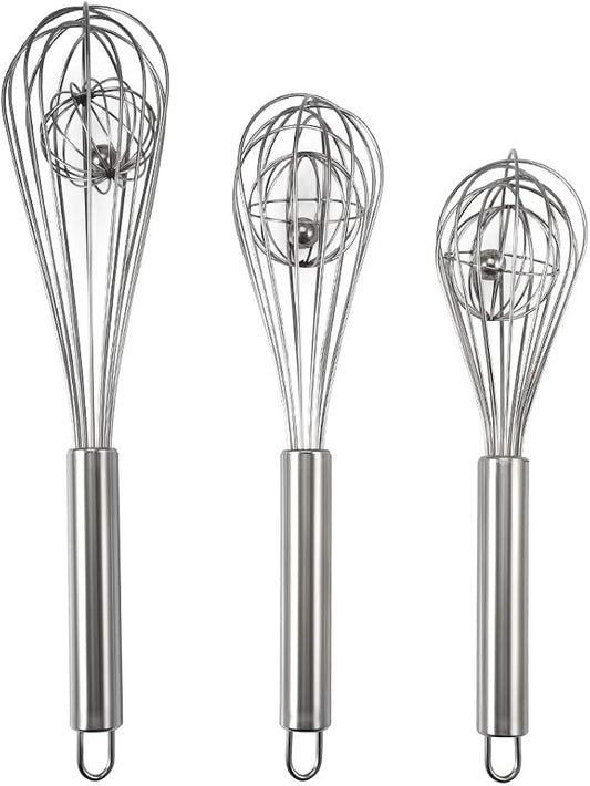 3 Pack 8, 10, 12 inches Balloon Whisk Double Balloon Wire Whisk Blending Whisking Beating Stirring Egg Beater Stainless Steel (with inside Ball)