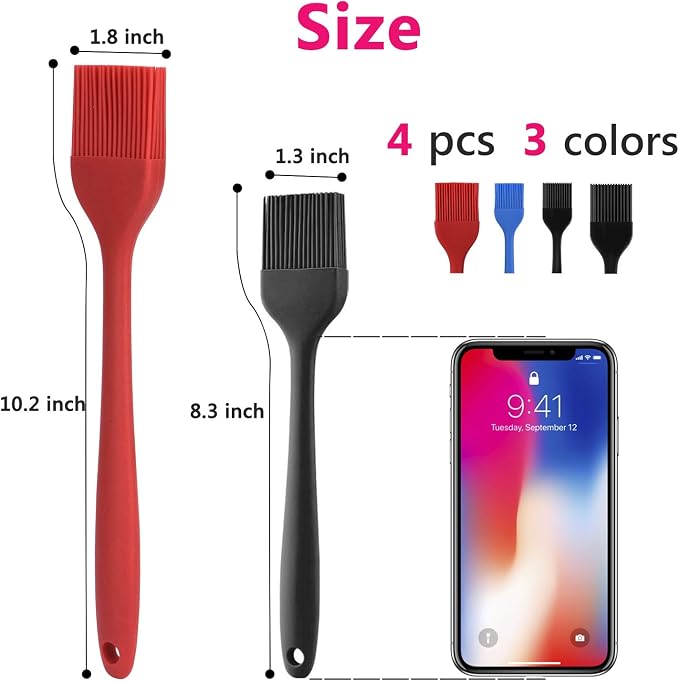 Hhyn Silicone Basting Pastry Brush Set 4 Pack, Multicolor | Heat Resistant Spread Oil Butter Sauce for BBQ Grill Barbeque Kitchen Baking Cooking Pastries, 2 Large & 2 Small