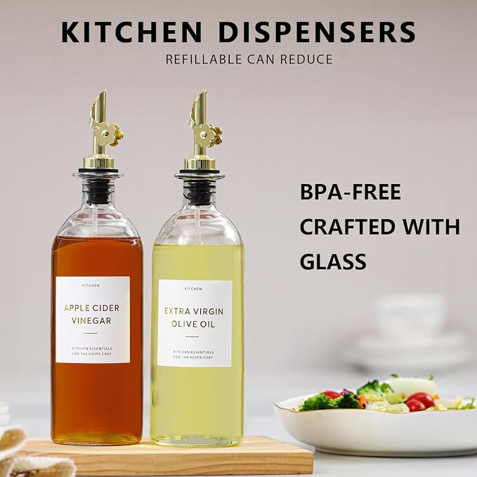HOMCDALY Olive Oil Dispenser for Kitchen, 11.8oz Glass Dispenser Bottles with Pourer for Kitchen, Oil and Vinegar Dispensers Set, Leakproof Oil Bottle for Cooking| Set of 2 (16oz)