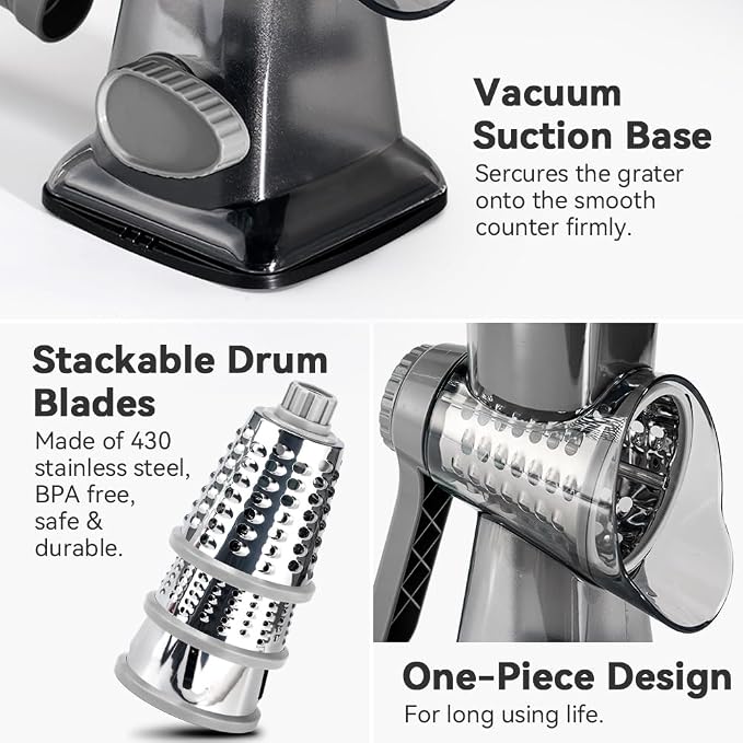 Cheese Grater Hand Crank Rotary Vegetables Shredder with Handle | 3-in-1 Graters, Interchangeable Blades, Non-slip Base, Multifunctional Slicer