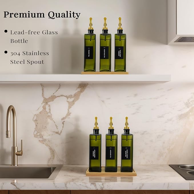 Olive Oil Dispenser Bottle for Kitchen with Bamboo Tray- Glass Oil and Vinegar Dispenser Set 16.9oz, Soy Sauce & Syrup Bottle, Modern Hostess Gift (Green, 16.9oz, Set of 3)