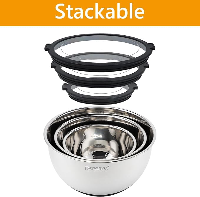 Rorence Mixing Bowls with Lids Set, Non Slip Silicone Bottom Stainless Steel Mixing Kitchen Bowls for Baking/Storage, Dishwasher Safe, 5/3/1.5QT