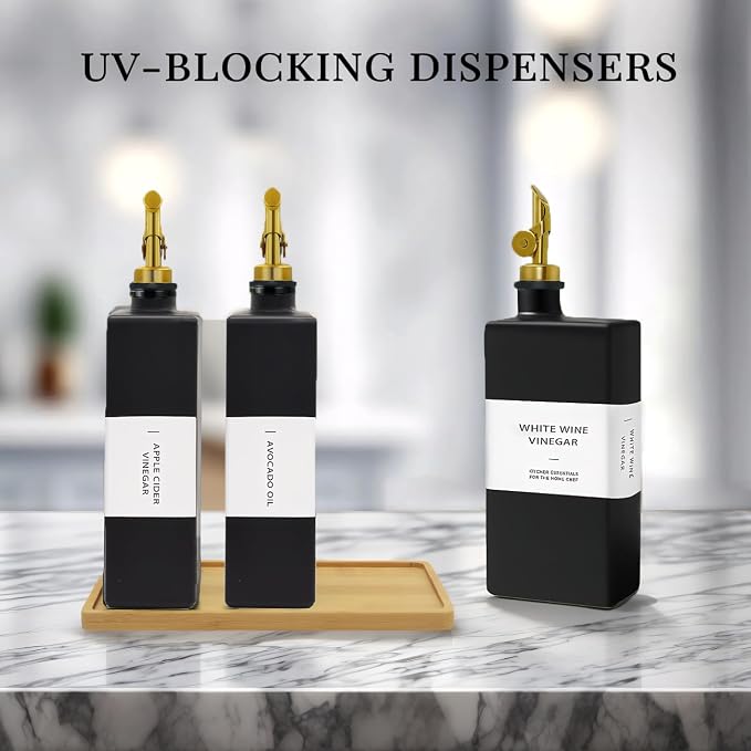 Olive Oil Dispenser Bottle for Kitchen with Bamboo Tray- Glass Oil and Vinegar Dispenser Set 16.9oz, Soy Sauce & Syrup Bottle, Modern Hostess Gift (Black, 16.9oz, Set of 3)
