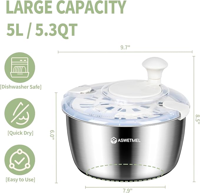 Stainless Steel Salad Spinner Large 5.3QT, ASWETMEL Stainless Salad Spinner with Non-Slip Base Lettuce Spinner, Salad Dryer Spinner for Vegetables & Fruits, Vegetable Washer, Beige