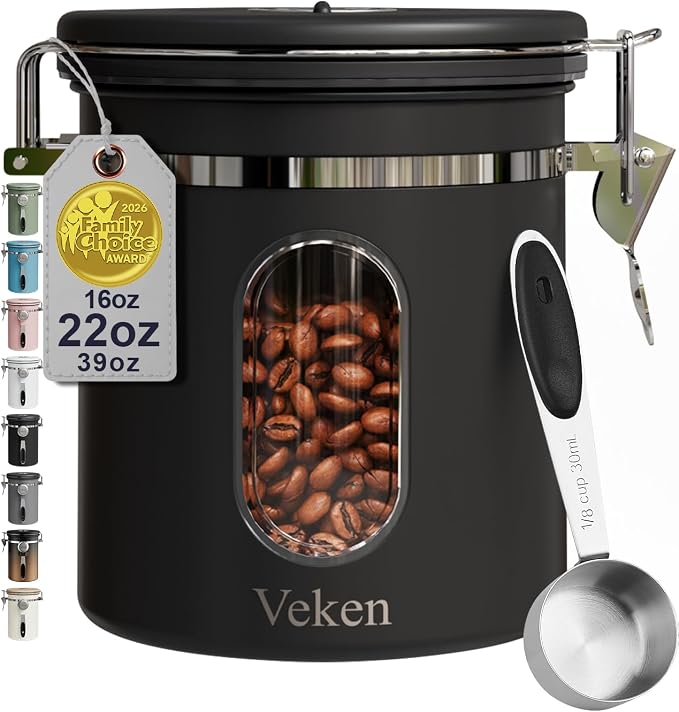 Veken Coffee Canister with Window, Airtight Stainless Steel Container, 16OZ | Kitchen Food Storage Pantry Organizers for Beans,Ground,Espresso,Rice,Tea,Sugar,Bar Accessories,Gifts,Lids,Jars, Scoop, Black