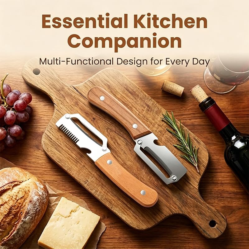 Multifunctional Vegetable Peeler with Wooden Handle, 3-in-1 Stainless Steel Fruit Peeler, Julienne Shredder, Kitchen Bottle Opener, Manual Veggie Slicer for Potatoes & Carrots, Style A 2PCS