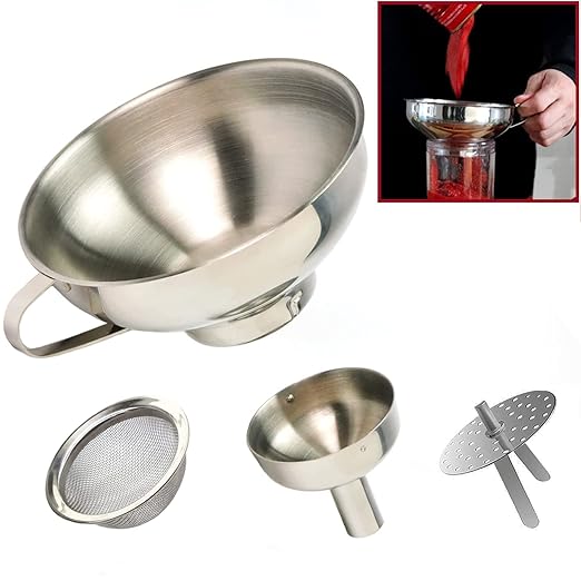 KEISSCO Stainless Steel 4-Piece Funnel and Strainer Set - Canning Funnel for Wide and Regular Mason Jars, Transferring Oils, Liquid, Fluid, Dry Ingredients & Powder, Wide & Narrow Mouth with Filter