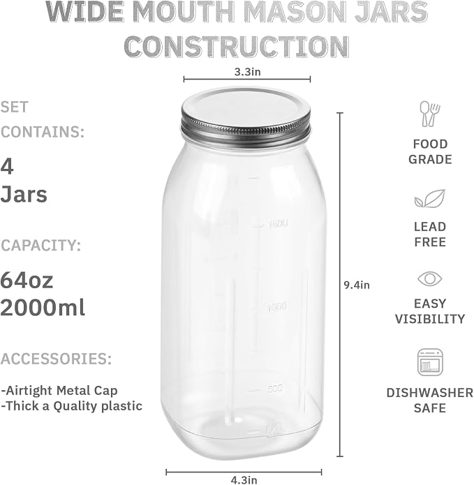 novelinks 64 oz Large Plastic Mason Jars with Airtight Lids Wide Mouth | 3 Pack, Silver, Storage Jars with Airtight Lids, Mason Jars 64oz, Big Jars Wide Mouth, Plastic Storage Containers for Pantry