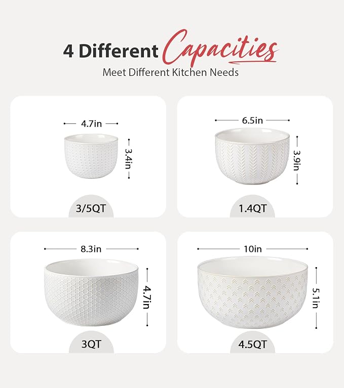 Lareina Ceramic Large Mixing Bowls Set of 4, 20/44/98/145 OZ, Ivory White | Nesting Bowls for Cooking, Baking, Salad Etc, Serving Bowls Gift, Kitchen Stoneware, Oven, Microwave and Dishwasher Safe