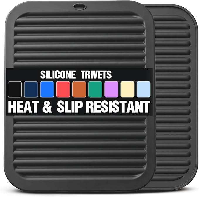 Silicone Trivets for Hot Pots and Pans - 2 Heat Resistant Pot Holders Silicone Trivet Mat Multipurpose Counter Pads (Black)