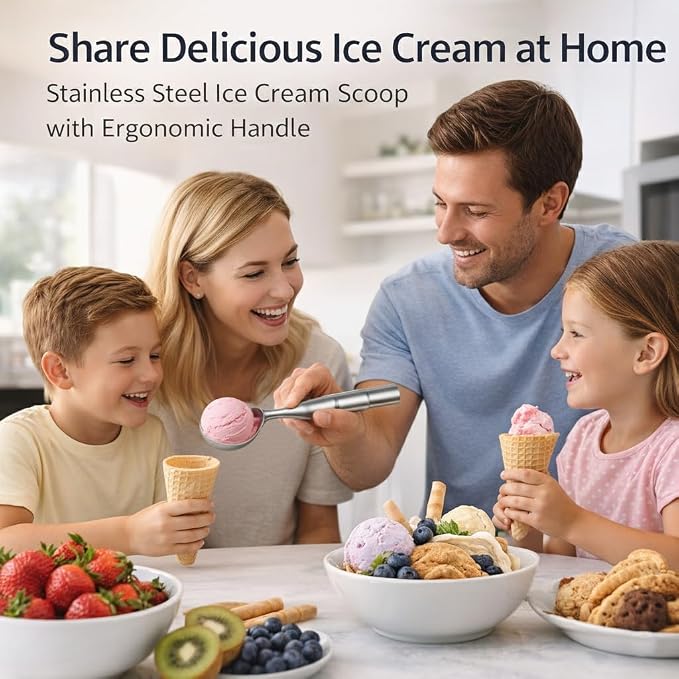 Stainless Steel Ice Cream Scoop, Heavy Duty Ice Cream Scooper with Ergonomic Grip, 100% Dishwasher Safe One-Piece Metal Scoop for Hard Ice Cream, Gelato & Cookie Dough