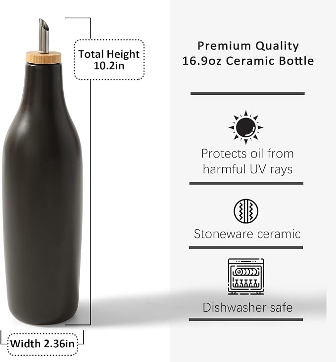 HOMCDALY Olive Oil and Vinegar Dispenser Set, Two 16oz Ceramic Oil Dispenser for Kitchen, Kitchen Dispenser Bottle for EVOO Vinegar Syrups, Modern Farmhouse Design| Set of 2 –Black &white