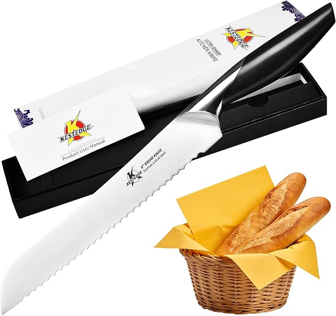 8 Inch Serrated Bread Knife German Steel Sourdough Slicer | German 1.4116 Steel, Dolphin-Curved Serrated Blade, Ambidextrous ABS Handle, Full Tang, for Sourdough and Artisan Breads