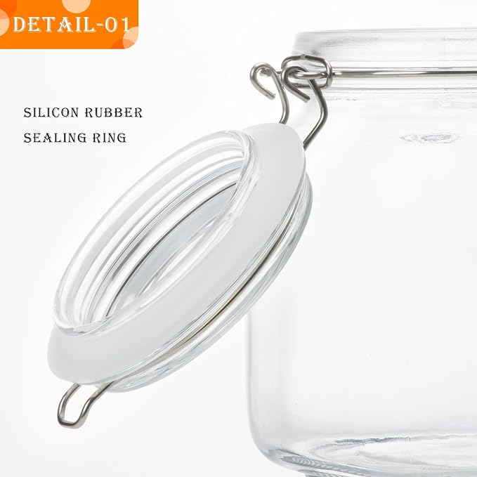 34oz Square Glass Food Storage Jars with Airtight Clamp Lids 3 Pack | Small Kitchen Canisters for Flour, Cereal, Coffee, Pasta, Pickling and Canning, Mason Jar Wide Mouth