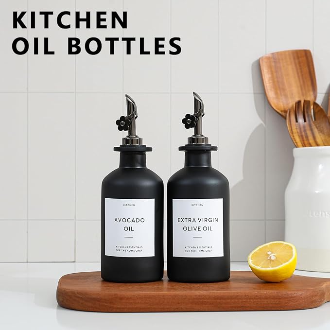 HOMCDALY Olive Oil Dispenser for Kitchen, 12oz Glass Kitchen Dispenser Bottle, Black Oil&Vinegar Cruet Set, Leakproof Olive Oil Bottles | Set of 2 (12oz – Black)