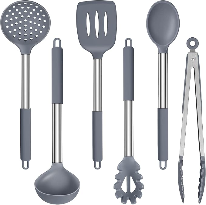 LIANYU Silicone Cooking Utensil Set, 6Pcs Heat Resistant Kitchen Utensils Set, Non-stick Stainless Steel Handle Spatula Tools, Dishwasher Safe, Grey