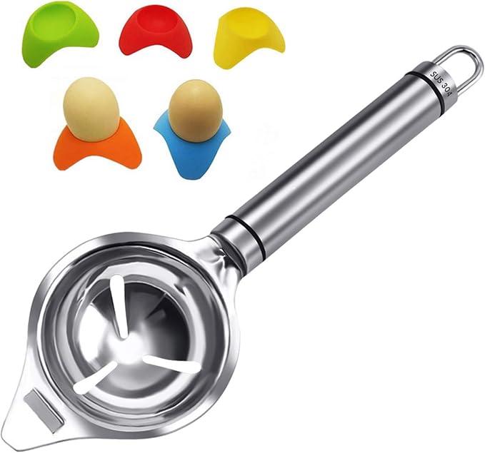 Egg Separator Egg Yolk Separator White Egg Separator FFLIFE Food Grade Stainless Steel Egg White Separator Dishwasher Safe Work for XL Jumbo Eggs(with 5 Silicone Egg Cup Holders)