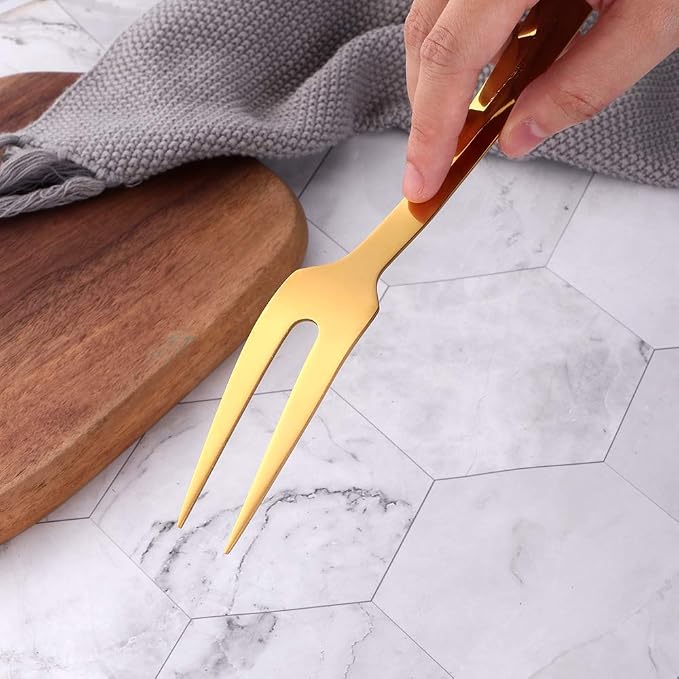 6 Pcs 9.6 in Gold Meat Forks for Kitchen, Stainless Steel Titanium Plated Dinner Fork, Ergonomic Integral Forming Mirror Polish-Dishwasher Safe