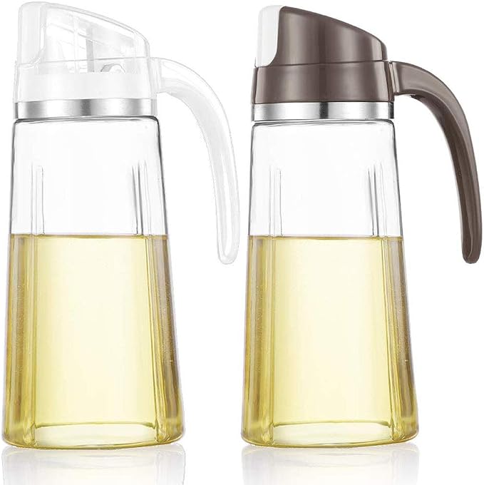 Marbrasse 20oz Glass Oil Dispenser Bottle with Auto Flip Cap, White + Brown | Auto Flip Cap for One-hand Use, Leakproof Design, for Olive Oil/Vinegar/Cooking Oil, Kitchen Essential