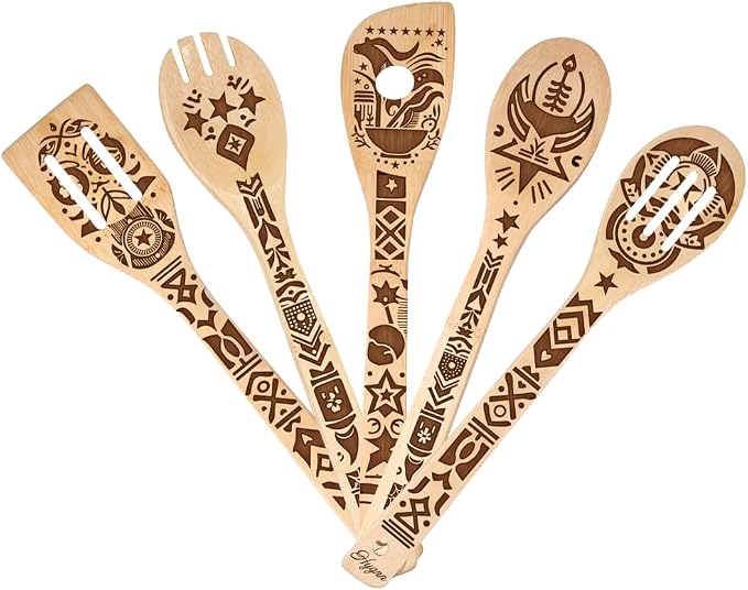 Ancient Totem Retro style Gift Idea Cooking Serving Utensils Natural Bamboo Kitchen House Warming Presents Slotted Wooden Spoons for Cooking Utensils Set of 5…
