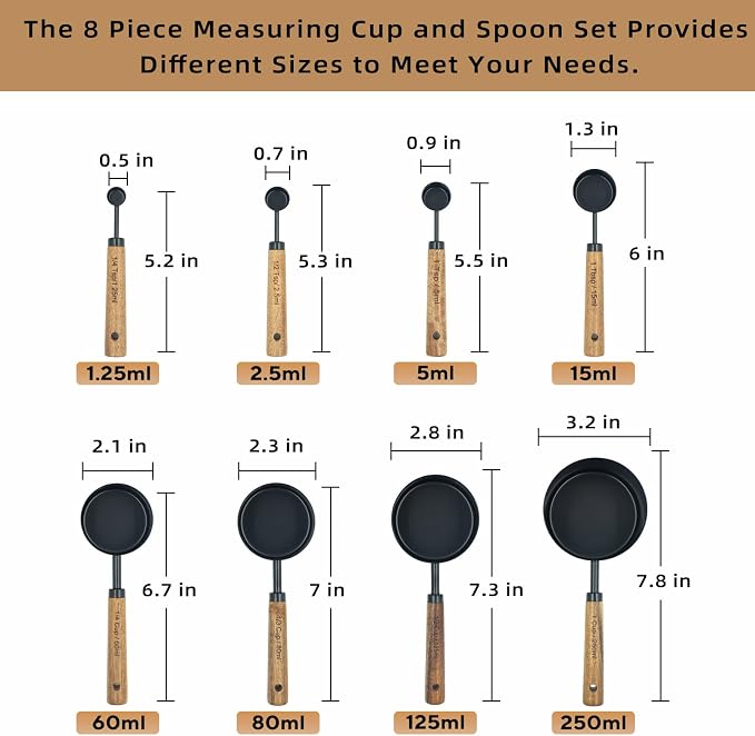 Measuring Cups and Spoons Set of 8, Stainless Steel Measuring Cup with Wooden Handle, Kitchen/Food/Liquid/Baking (Black)