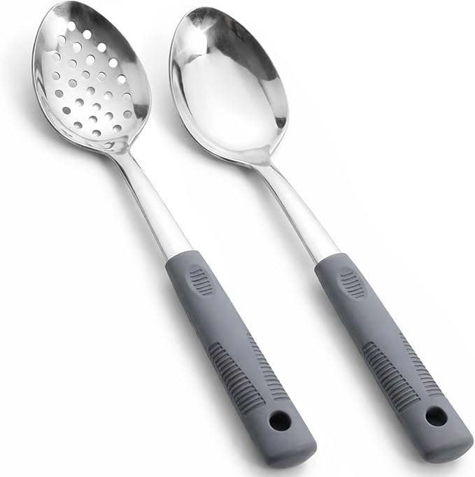 Serving Spoon Set with Silicone Handles,2-Piece spoon | Stainless Steel Serving Spoon, Slotted Spoon & Soup Ladle Set for Buffet and Home Kitchen
