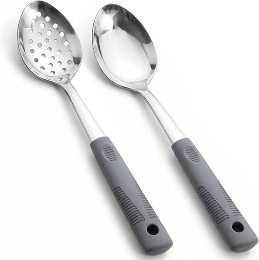 Serving Spoon Set with Silicone Handles,2-Piece spoon | Stainless Steel Serving Spoon, Slotted Spoon & Soup Ladle Set for Buffet and Home Kitchen