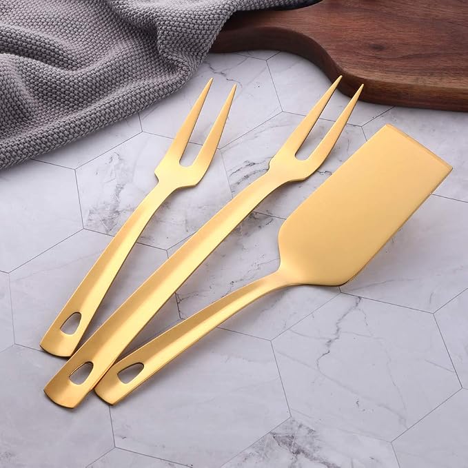 12 Pcs Cooking Utensil Set, Stainless Steel Gold Titanium Plated Cookware Sets with Public Fork/Spoon, Cake Shovels, Spatula, Ladles, Solid Spoon, Slotted Spoon, Pasta Server, Kitchen Tool Gadget