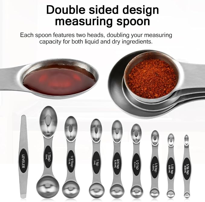 Measuring Cup and Magnetic Measuring Spoons Set, 8 Stainless Steel Nesting Measuring Cup & 8 Double Sided Stackable Magnetic Measuring Spoons & 1 Leveler for Cooking Dry & Liquid Ingredients