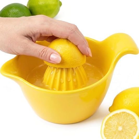 4 inch Ceramic Lemon Squeezer - Manual Citrus Juicer with Handle and Easy Pour Spout for Lemon, Orange, Lime&Grapefruit -Easy to Clean Hand Press Juicer,Microwave & Dishwasher Safe,Lead-Free (Yellow)