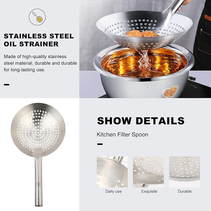 CALLARON Home Multi-Functional Stainless Steel Skimmer Ladle with Fine Mesh Wire Filter Spoon for Oil Straining and Cooking Large 16.92 X 9.44 X 2.36 Inch Kitchen Utensil