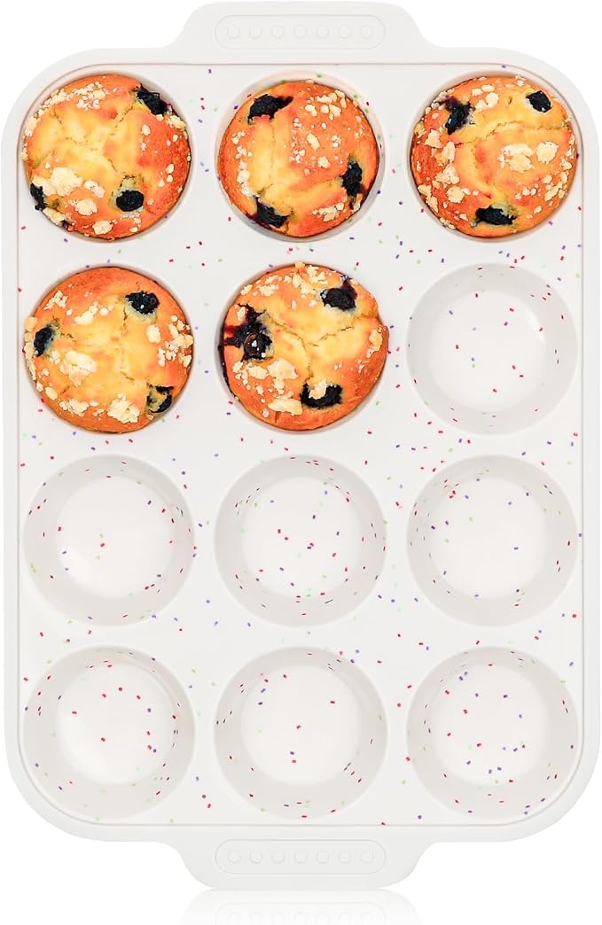 Vinino Silicone Muffin Pan with Reinforced Frame, Nonstick Cupcake Pan | Regular Size Silicone Muffin Pan for Baking with Non-Slip Handle, Muffin Tray for Oven, BPA Free, Dishwasher Safe-Cream