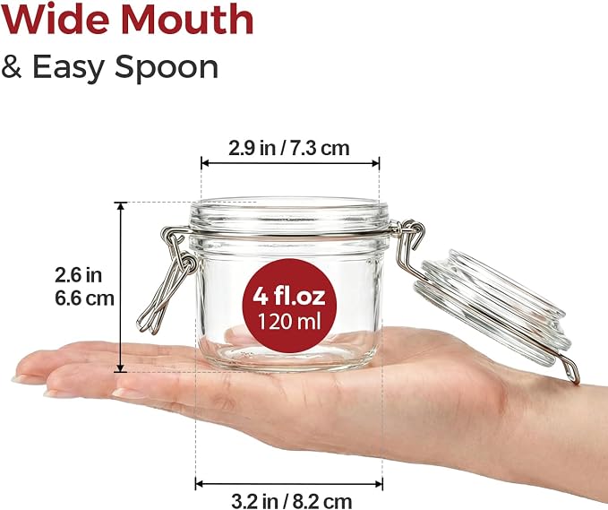 Small Glass Containers with Airtight Lids 4 oz 6 Pack Mini Jam Jars | Small Size, Labels Included, Jam Jelly Honey Jar, Wedding Favors,Handmade Candles,Diy Crafting,Leak Proof,BPA-Free