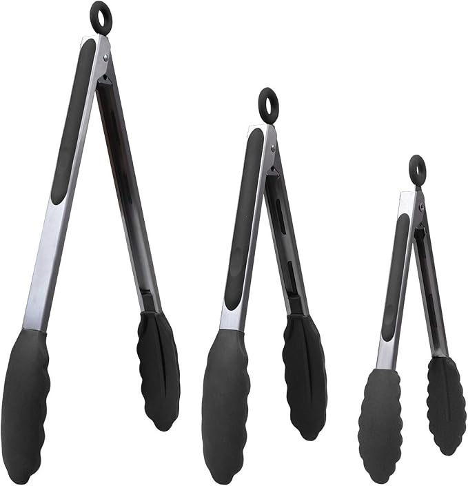 MOACC Kitchen Tongs for Cooking with Silicone Tips, Heat Resistant Kitchen Utensils Locking Silicone Tongs, Serving Food Tong Set of 3, 7,9,12 Inch