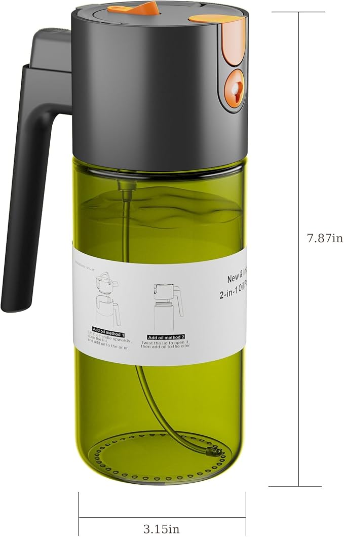 LAKUMIQI 2 in 1 Oil Sprayer for Cooking, 17oz | Light-Blocking Glass Spray Bottle with Stickers, Oil Dispenser for Salad, Air Fryer & BBQ