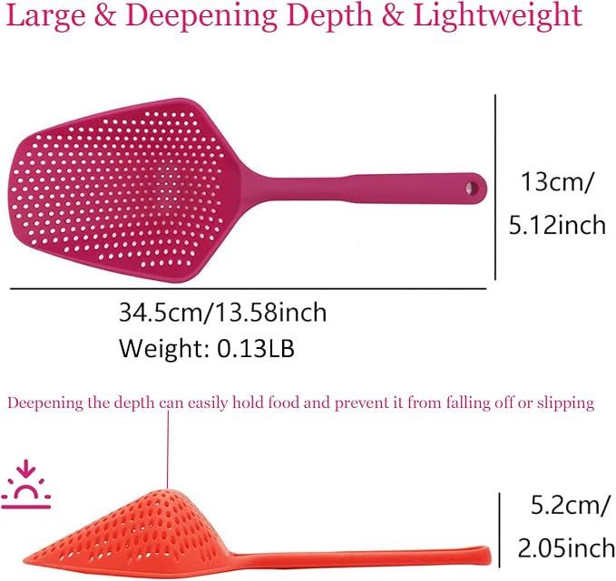 SEIWEI Large Strainer Spoon, Long Handle Tool Colander Draining Scoop, Heat-Resistant Pasta Strainer Cooking Kitchen for Spaghetti, Noodles, Veggies, Non-Slip Grip & Hanging Loop, 13.5'', Red