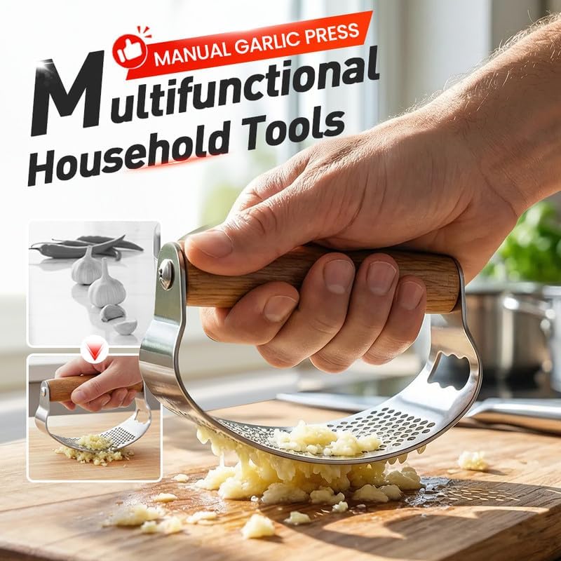 Stainless Steel Garlic Press Rocker with Garlic Peeler & Cleaning Brush