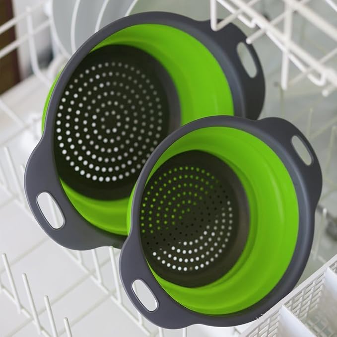 2 Collapsible Colander Mixing Bowl Strainer and Colander Set Silicone Colander Bowls Use for Draining Fruits Vegetables and Pastas by Bellagione (Green)