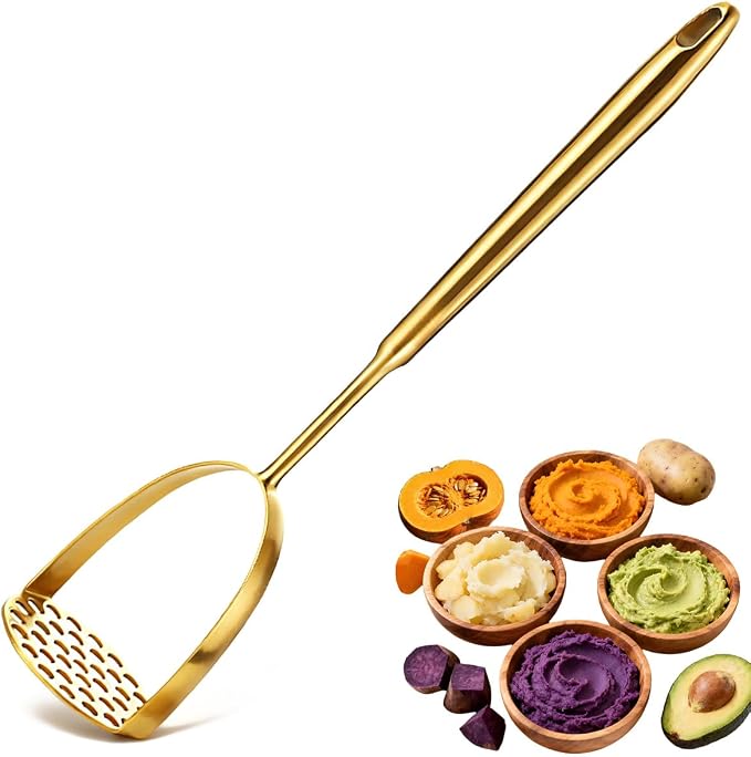 Potato Masher Stainless Steel, 14 Inch Potato Smasher - Kitchen Essential for Mashed Potatoes, Pumpkin, Carrots, Avocado & Fruits, Heavy Duty Metal Mashing Utensil (Gold)