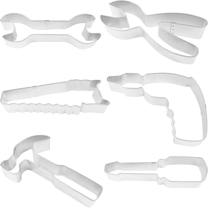 R&M Construction Tool Cookie Cutter Set, 6 Pieces Includes Hammer, Wrench, Screwdriver, Drill, Saw, Plyer Cookie Cutters, Silver