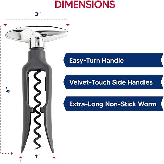 HIC Kitchen Bar Soft-Touch Winged Corkscrew, Easy Removal For Natural And Synthetic Corks, Extra-Long Worm, Built-In Bottle Opener, Wine Accessory