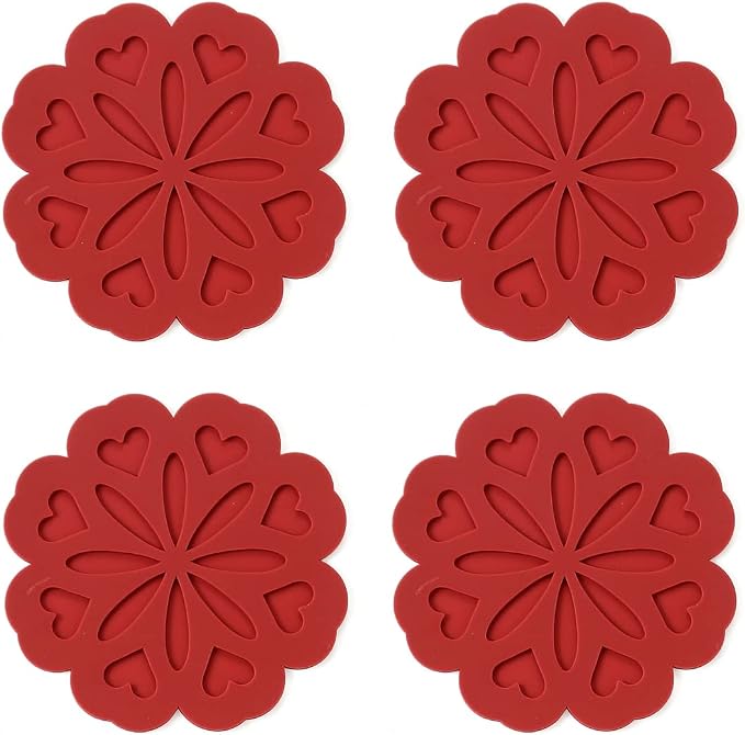 Set of 4 Silicone Trivet Mat - Hot Pot Holder Pads for Table & Countertop - Non-Slip & Heat Resistant Modern Kitchen Trivet for Dishes, Pots & Pans, Merlot Red